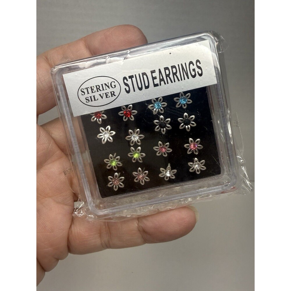 Sterling Silver Crystal Rhinestone Center Flower Shape Stud Earrings Set 10 Pair